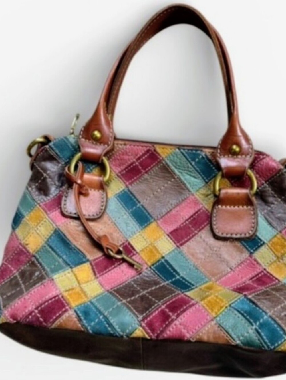Fosil Multicolor Patchwork Leather Satchel Handbag. Shoulder Strap Is Missing.